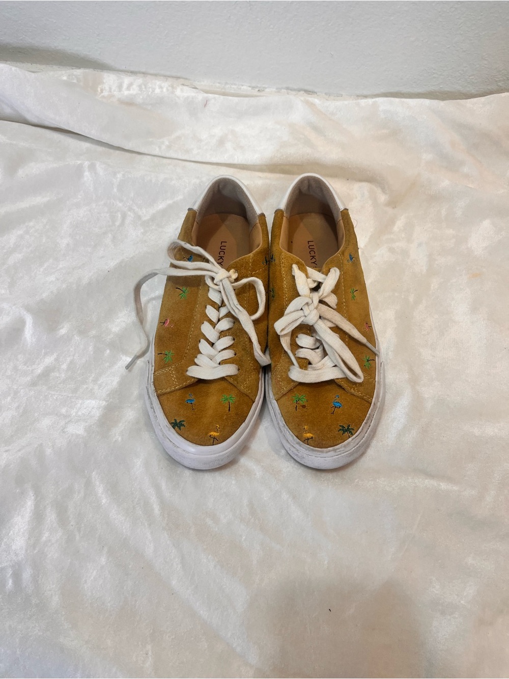 Lucky Brand Mustard Suede Kids Sneakers with Embroidered Palms